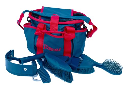 Rhinegold Bolsa de aseo azul marino con kit, juego de regalo de aseo ecuestre de 7 piezas que incluye todo tipo de cepillo de pelo de caballo, peine de curry y púa de pezuñas con una bolsa multiusos