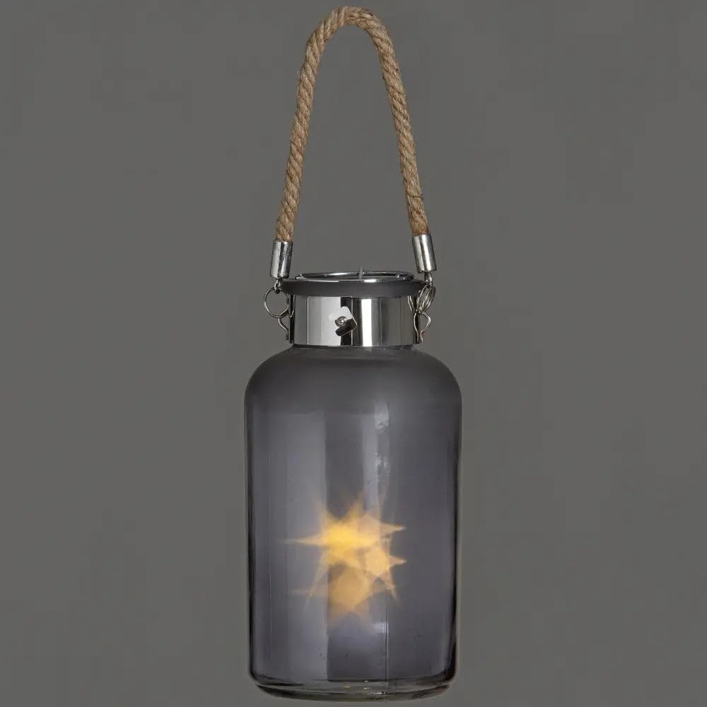 Hill 1975 Frosted Grey Glass Jar with Rope Detail and LED Lights, Mixed, 10 x 10 x 20cm - Image 2