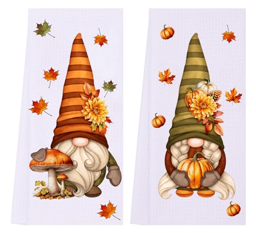 LXOMILL Fall Gnomes Kitchen Towels, Maple Leaves Pumpkin Fall Dish Towels, Gnome Fall Decor, Fall Hand Towels, Set of 2