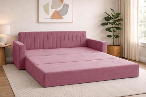 Image of Sofa-Cum-Bed | Three-Seater Foldable Sofa Bed Armrest | Modern Fabric Sofa for Living Room, Bedroom & Office-Rose Pink