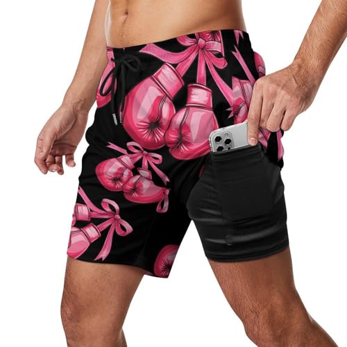 Breast Cancer Boxing Glove Ribbon Mens Swim Trunks with Quick-Drying Lining Beach Shorts for Outdoor Sports2
