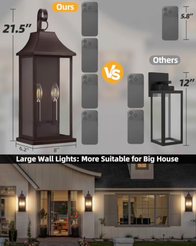 Image of RAYVO 22 inch Large Outdoor Wall Lights Modern Outdoor Wall Lantern with Clear Glass, Waterproof Exterior Lighting Fixture Outside Wall Sconce for Porch Garage Entryway Patio, Bronze, 2 Pack