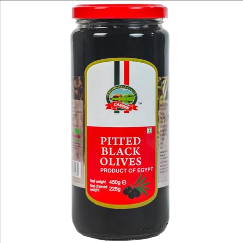 Image of CANEEN Pitted Black Olives - 450 gm (Pack of 1) | Ideal for Salads, Pizzas, Snacks, Tapenade, Antipasto Platter, Stuffed Dishes, and Garnish | Fresh, Delicious, Ready to Eat
