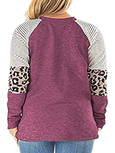 ROSRISS Túnica feminina de manga comprida, estampa de leopardo, listrada, colorblock, M-wine Red, 20