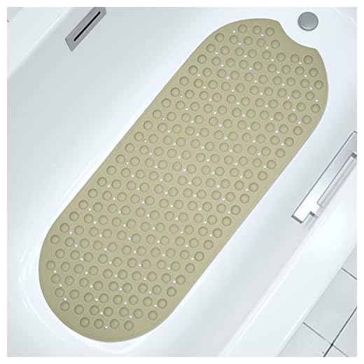 Yimobra Oval Bath Tub and Shower Mat 39 x 16 Inches, Non-Slip with Drain Holes, Soft and Comfortable, Machine Washable, Suction Cups, TPE Materials, Phthalate Free, Large Bathtub Mats, Camel