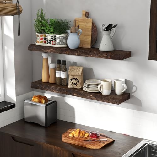 Image of Fun Memories 36 inch Elm Wood Floating Shelves for Wall, Walnut Finish, 2 Pack