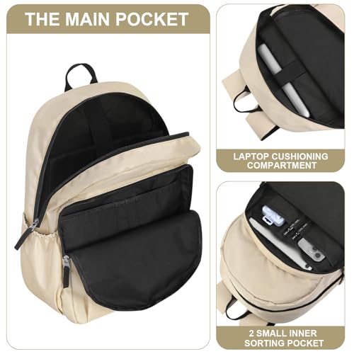 15.6 inch Basic Backpack for Men, Travel Backpack Carry on, Water Resistant School Backpacks for Teens, College Back Pack Bookbag for Boys Girls, Work Backpacks for Women(Beige)4