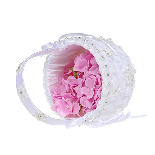 Daxin Lace Wedding Flower Girl Basket for Western Style Wedding Ceremony Party Supplies Classic and Elegant Round Basket with Handle