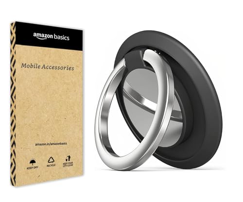 Image of amazon basics Universal Magnet Mobile Phone Ring Grip Holder Stand 360 Degree Rotation with Finger Ring for All Mobile Phone and Tablet (Black)