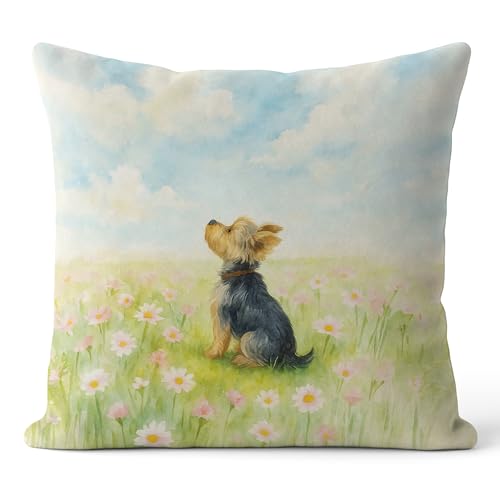 FGFK Floral Yorkshire Terrier Pillow Covers 18x18, Gifts for Yorkie Lovers, Watercolor Wildflower Field Dog Decorative Throw Pillow Covers for Home Living Room Bedroom Sofa Couch