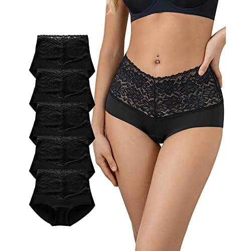 SHARICCA High Waist Lace Underwear for Women Seamless Sexy Panties Ladies Stretch Full Coverage Briefs Pack XX-Large 5p-multi03-5 Black