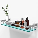 20 Inches Glass Shelf for Bathroom, Brushed Nickel Glass Shelves for Wall with Smooth Stainless Steel Railing, Modern Tempered Glass Organizer Shelf