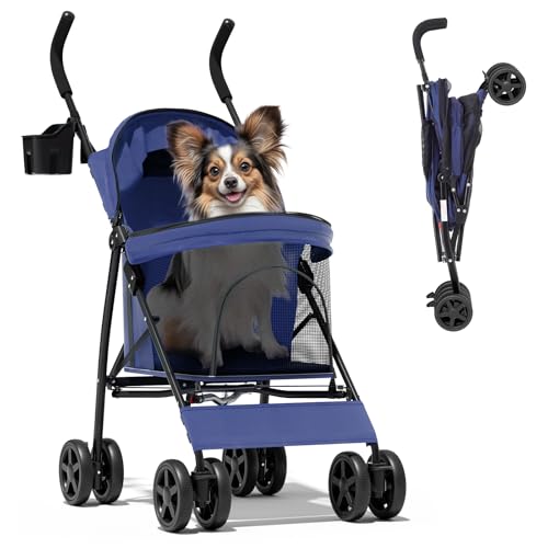 Image of Magshion Compact Fold Pet Travel Stroller for Small Dogs Cats, Navy Blue | Up to 22lbs, 4-Wheel Lightweight Umbrella Shaped Design, Safety Tethers, Breathable Mesh, Cup Holder & Rear Storage