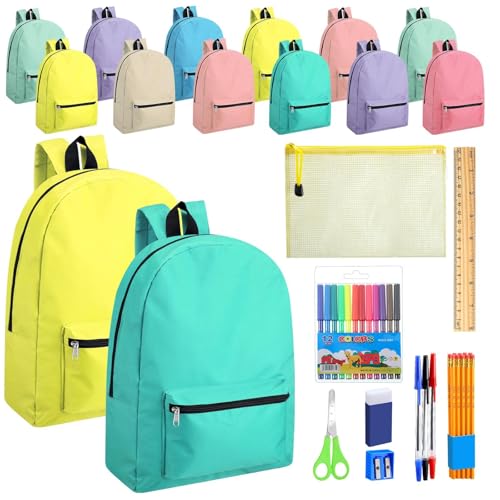 Silkfly 12 Pcs 17 Backpacks with 144 Pcs office Supplies Kits Includes Markers Scissors Rulers Sharpeners Ballpoint Pens Erasers Pencil Cases Pencils for Elementary(Macaron)