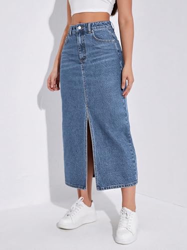 Image of Shasmi Women's Spring /Summer Casual Front Split Thigh Straight Denim Skirt ll Denim Skirt for Women Long ll Skirt & top for Women ll Skirts for Women Long Length (Skirt 159)