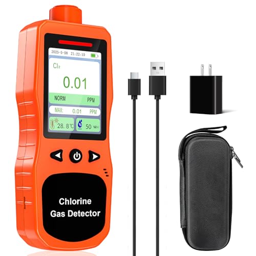 ZYKYCX Chlorine Gas Detector | 0.01PPM Resolution & Range 0-20PPM | Rechargeable with Temp/Humidity Tester | Portable Cl2 Monitor with 3 Alarm Modes | Chlorine Air Quality Meter