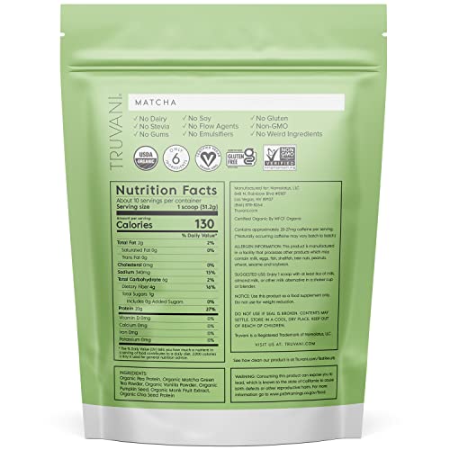 Truvani Organic Vegan Protein Powder Matcha - 20G Of Plant Based Protein, Organic Protein Powder, Pea Protein For Women And Men, Vegan, Non Gmo, Gluten Free, Dairy Free (10 Servings) #TOP1