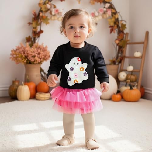 Fernvia Toddler Baby Girl Halloween Outfit Ghost Embroidery Long Sleeve Sweatshirt Tulle Skirt Set Fall Winter Clothes3