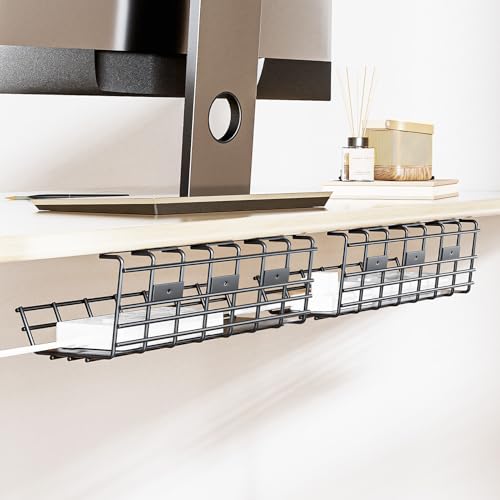 2 Pack DELAMU Under Desk Cable Management Tray, Large Metal Cord Organizer, Office & Home Cord Wire...