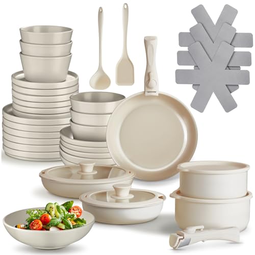 tectake® Set de cuisine 40 pièces, Service de table 6 personnes et Batterie de cuisine, Poêles Casseroles, Service vaisselle, Assiettes plates Assiettes creuses, Bol, Spatule Louche, Vaisselle en grès