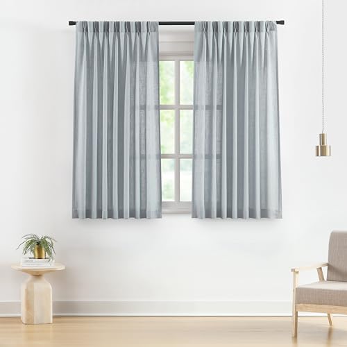 Image of Vision Home Blue Grey Pinch Pleated Semi Sheer Curtains Textured Linen Blended Light Filtering Window Curtains 63 inch for Living Room Bedroom Pinch Pleat Drapes with Hooks 2 Panels 40 inch Wx63 L