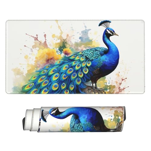 Grand tapis de souris aquarelle paon aux finitions soignées avec bords cousus