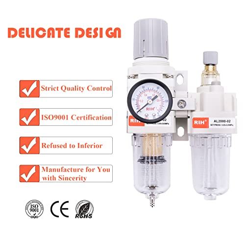 Image of RIH Pneumatics Compressed Air Filter Regulator Lubricator Combo Water /Oil Trap Separator - Gauge(0-150 psi), Semi-Auto Drain, Poly Bowl,Bracket - 3 in 1 Two Unit (1 /4 inch NPT)