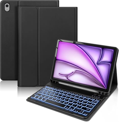 KTOITION für iPad Air 11' (M3/M2, 2025/2024) Hülle mit Tastatur, Beleuchtung Deutsches QWERTZ Tastaturhülle mit Einzustellendem Magnetständer, Abnehmbare Schutzhülle, Schwarz