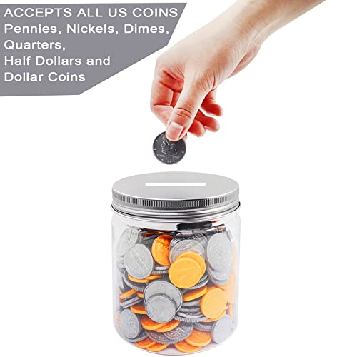 Mczcent 4-Pack Small Clear Plastic Transparent Coin Tips Piggy Banks (16oz), Silver Slotted Lids, for Adults Teens, Kids & Girls Boys - Image 3