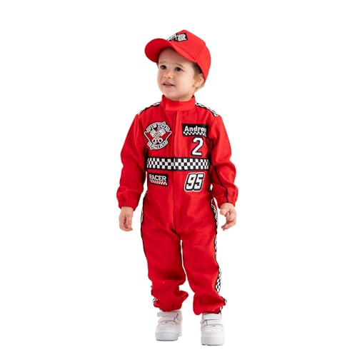 Costumes Club Handmade Race Car Driver Costume for Toddlers - Halloween Costume, Cars Boys Racing Outfit, Toddler Racer Suit, Kids Jumpsuit with Hat, Baby Racer Costume (Long Sleeve, Red & Black, 2T)