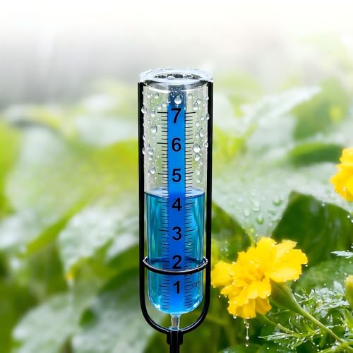 DreaMayndic Rain Gauge Outdoor Plastic Garden: High-Contrast Blue Scale Read 20Ft, Shatterproof -30°F, Stable Stake Won't Tip, Easy Install for Lawn Yard Patio
