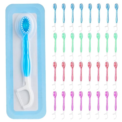 SKIKHN Cepillo Dientes Viaje 5 en 1, 32 Pieza Cepillos Dientes Desechables, Sabores Surtidos, Mini Cepillo Dientes Viaje con Pasta de Dientes, Hilo Dental, Raspador de Lengua y Palillo, para Viajar