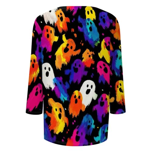 Image of Women Spooky Halloween Graphic Shirt 3 /4 Length Sleeve Crewneck Top | Halloween Funny Printed Pumpkin Plus Size Tshirts 2026 Fall Outfits Skeleton Tee Going Out Tops