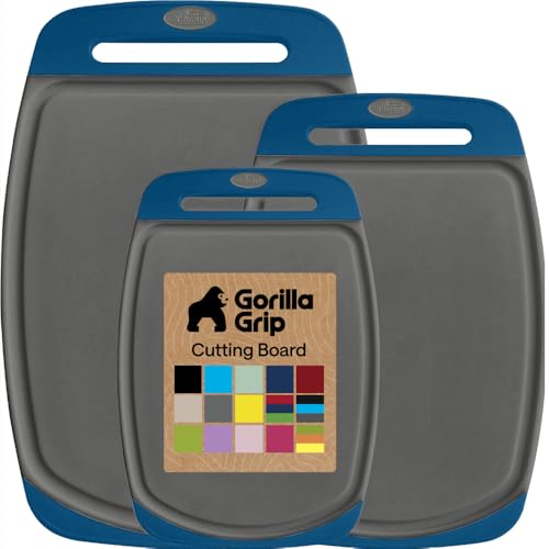 Image of GORILLA GRIP BPA-Free Reversible Kitchen Cutting Board Set of 3, US Designed, Nonporous, Juice Grooves Catch Liquid, Slip Resistant Border, Dishwasher Safe, Durable Food Chopping Boards, Gray Blue