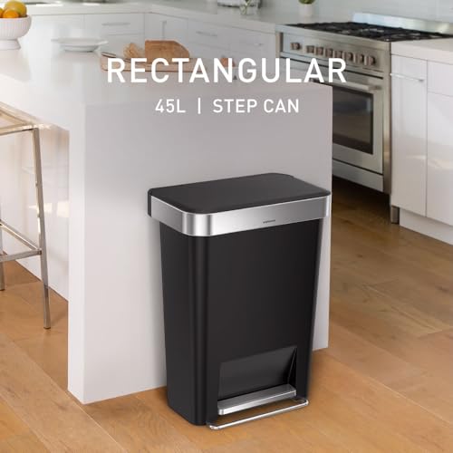 simplehuman 45 Liter / 12 Gallon Rectangular Kitchen Step Trash Can with Soft-Close Lid, Black Plastic