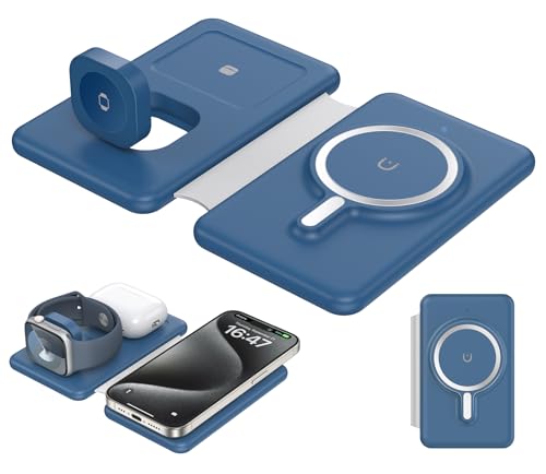 3 in 1 Charging Station for Apple,Travel Charger for Multiple Devices for iPhone,Foldable Magnetic Charger for iPhone 15 14 13 12 pro max&AirPods 3/2/Pro/Pro 2&Apple Watch（Blue）