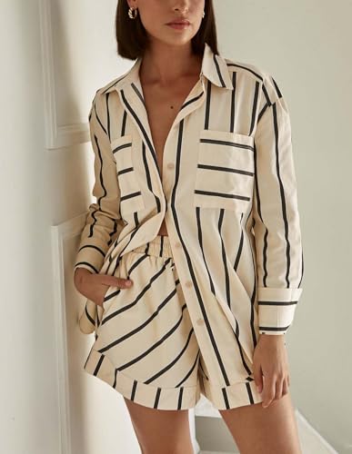 Women's Striped 2 Piece Outfits Casual Button Down Shirts and Shorts Drawstring Pajamas Lounge Matching Sets2