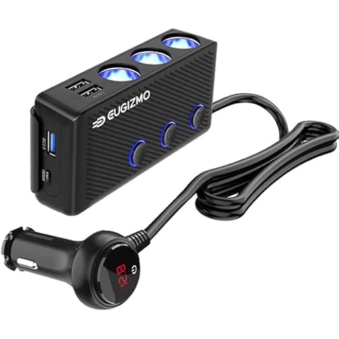 EUGIZMO Cigarette Lighter Plug Splitter, 200W 3 Socket Car Cigarette Lighter Adapter USB Charger Extension Cord Multi Port Power Plug 12V/24V Splitter with LED Voltage Display Independent Switches Cover