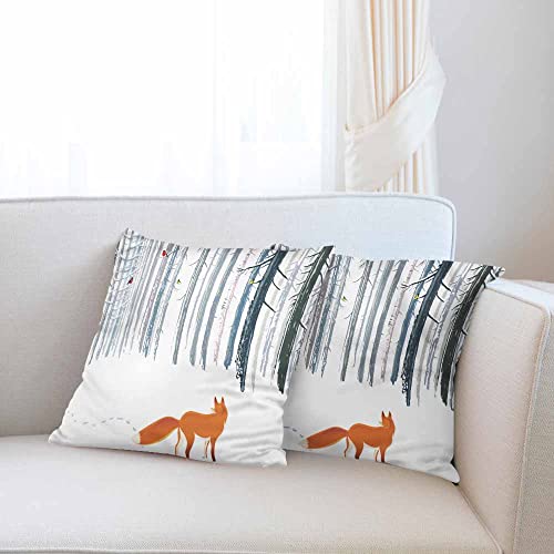 Beabes Throw Pillow Covers Red Fox With Red Yellow Bird Winter Forest Landscape Decorative Pillow Cover 2 Sets For Pillows Couch Sofa Bed 18X18 Inch #TOP5