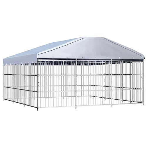 vidaXL Canile da Esterno con Tetto Alto Robusto Elegante Comodo con Serratura Recinzione Recinto per Cani Box Gabbia 450x450 cm in Acciaio Zincato