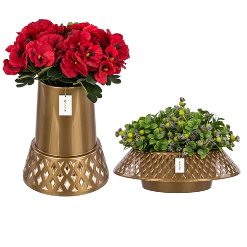 Lot de vases à piston de cimetière - Hauteur : 25 cm - Diamètre : 11 cm - Pot de fleurs - Diamètre : 23 cm - Doré brillant - Décoration funéraire pour compositions en fleurs artificielles et