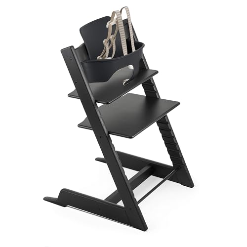 Image of Stokke Tripp Trapp High Chair 2 + Baby Set + Harness, Oak Black | Includes Chair, Baby Set, Removable Harness for Children 6-36 Months, Adjustable, Ergonomic & Easy to Clean, Baby Essentials