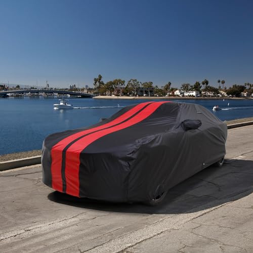 Image of iCarCover Custom Car Cover for Dodge Challenger (2008-2023) Waterproof All Weather Rain Snow UV Sun Protector Full Exterior Indoor Outdoor Car Cover (Stripe - Black /Red)