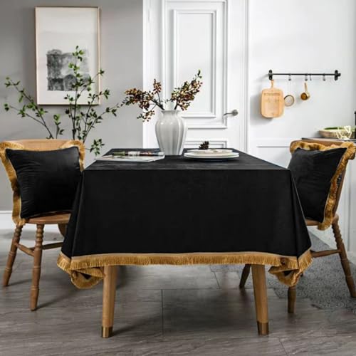 Velvet Tablecloth Luxurious Black Rectangle Table Tablecloth Thickset with Luxurious Gold Tassels Table Cloth for Home Decor Christmas Wedding, Party, Banquet and Events 60X120inch