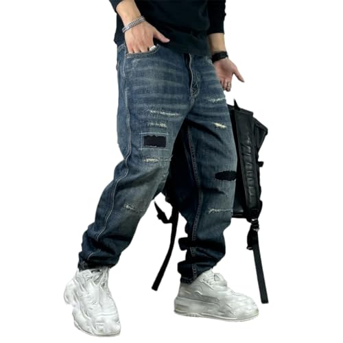 Men’S Fashion Patch Ripped Regular Straight Cargo Pants Button Fly Midweight Distressed Hip Hop Full Length Jeans