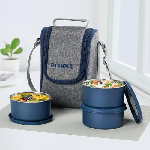 Image of Borosil Carrymore Microwavable Stainless Steel Lunchbox with Bag | 300ml x 3 pc Round Container Set | Tiffin with Food Grade Steel | Vertical | 1 Year Warranty
