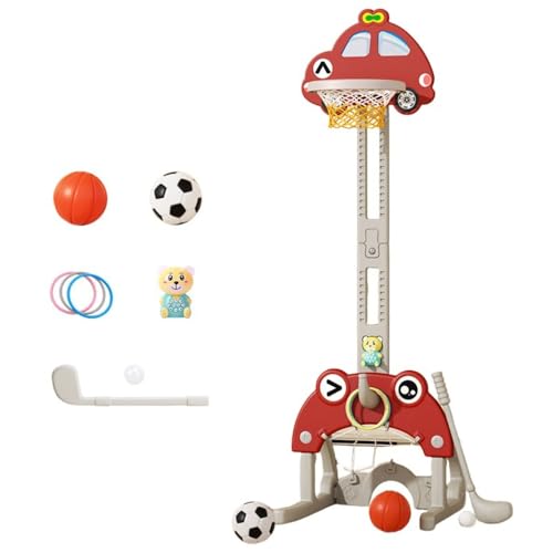 Sandqvipa室内用バスケットゴール 子供用 5in1スポーツセット(バスケットボール・サッカー・ゴルフ・輪投げ)高さ調整可能 屋内外兼用 早期教育玩具 誕生日プレゼントに最適 (高さ調節式カーバスケットゴール5点セット【高さ142cm】,レッド)