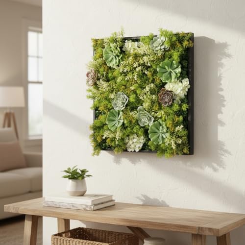 Vandue Modern Home 20' Square Vertical Hanging Artificial Succulent Wall Art - Wall Mount 3D Garden Greenery - Indoor/Outdoor Faux Plant Art Decor (Blooming)
