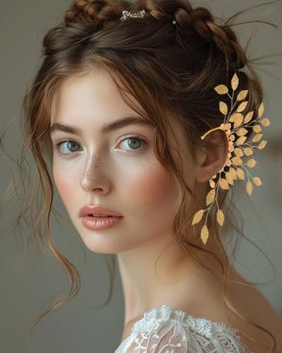 MOPZIJA 1PCS Elfen Ohrringe für Damen Gold, elfenohren,Flügel Elfen Ohren Manschette Ohrclips Damen Ohne Ohrlöcher Perlen Blatt Ohrringe für Elben Kostüm Feenkostüme Frauen Halloween Cosplay