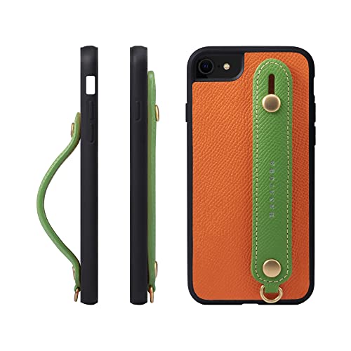 iPhone 8 / iPhone 7 / iPhone SE3 / SE2  ケース 本革 グリップケース エンボスレザー ストラップ付属 片手操作 スタンド機能 メンズ レディース オレンジ/グリーン NGH-8SE-Orange-GN